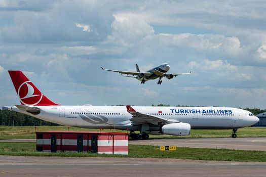 July 2, 2019, Moscow, Russia. Airplane Airbus A330-300 Turkish Airlines at Vnukovo airport in Moscow.