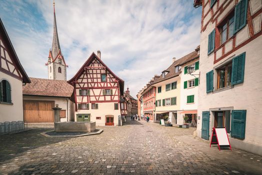 Cityscape Old Town and Historic Buildings of Stein Am Rhein City, Switzerland, Beautiful Ancient Church and Architecture of Swiss Culture at Daylight. Travel Historical and Famous Place of Switzerland