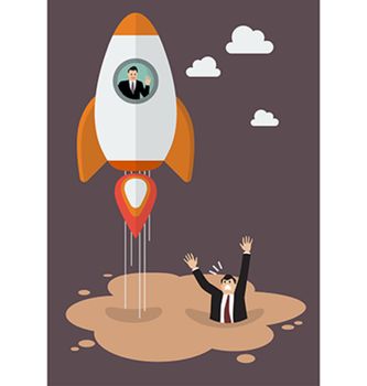 Businessman on a rocket get away from puddle of quicksand. Business concept