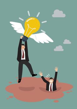 Businessman hold flying lightbulb get away from quicksand. Business concept