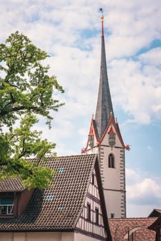 Cityscape Old Town and Historic Buildings of Stein Am Rhein City, Switzerland, Beautiful Ancient Church and Architecture of Swiss Culture at Daylight. Travel Historical and Famous Place of Switzerland