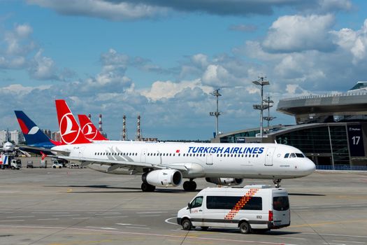 July 2, 2019, Moscow, Russia. Airplane Airbus A330-300 Turkish Airlines at Vnukovo airport in Moscow.