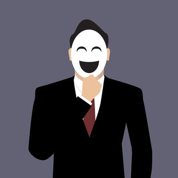 Businessman wearing a laughing mask. vector illustration