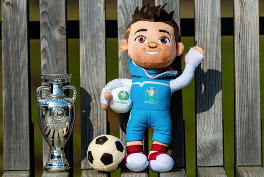 April 22, 2021 Moscow, Russia. The mascot of the UEFA European football championship Euro 2020 Skillsi and the trophy of the European championship.