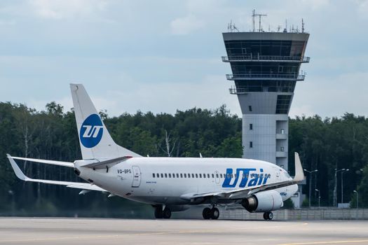 July 2, 2019, Moscow, Russia. The plane Boeing 737 of the airline Utair on the airfield of Vnukovo airport.