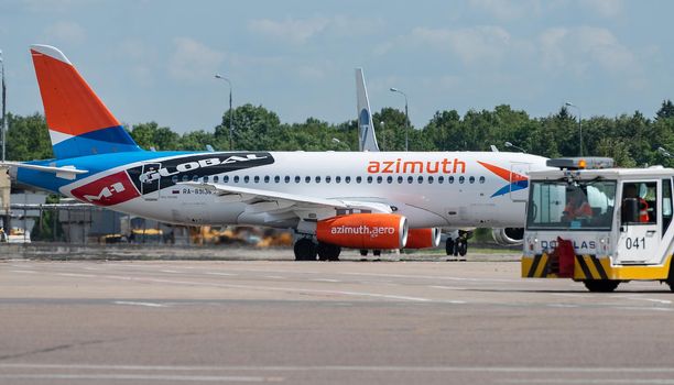 July 2, 2019, Moscow, Russia. Airplane Sukhoi Superjet 100 Azimuth Airlines at Vnukovo airport in Moscow.