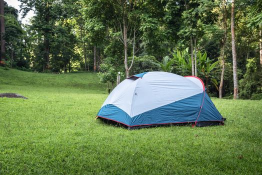 Camping Campsite and Tent on Green Grass Under The Trees Tropical Forest, Field Campground for Vacation Outdoors Leisure Activity and Adventure. Backpack Trekking Tourist Lifestyles, Travel Adventures