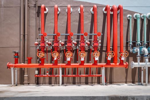 Firefighting Water Pipeline of Fire Protection Systems, Water Plumbing Sprinkler Pipe for Security Fire Prevention. Water Hose Hydrant and Control Valve for Emergency Fire Accident. Industry Equipment