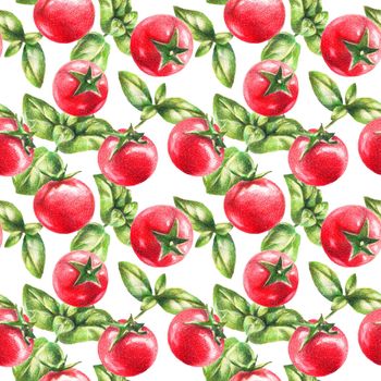 Color pencils realistic illustration of cherry tomatoes and basil leaves. Seamless pattern of hand-drawn vegetables on white background.