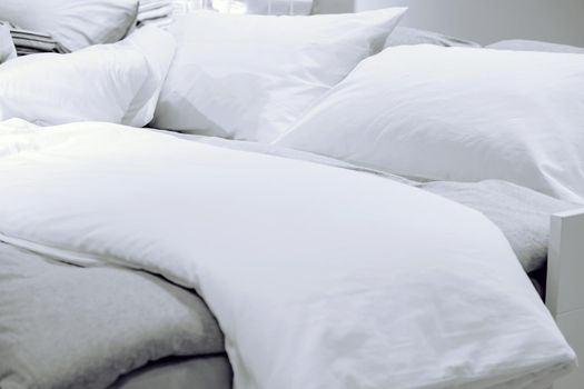 Close up image of Bed mattress Duvet with pillow and blanket