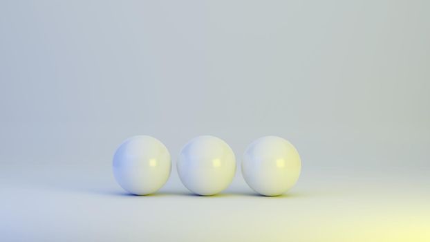 Three white spheres on a white background as 3D rendering