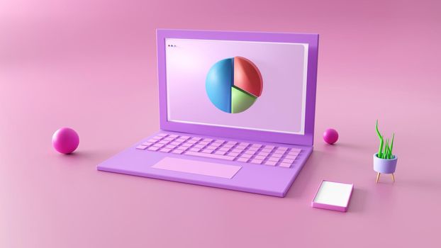 Minimal concept, Laptop on table Work desk pink and violet color and mock-up for your text with notebook and cup. 3d render. Illustration