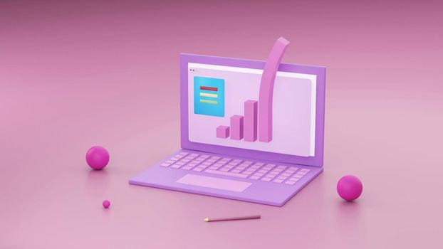 Minimal concept, Laptop on table Work desk pink and violet color and mock-up for your text with notebook and cup. 3d render. Illustration