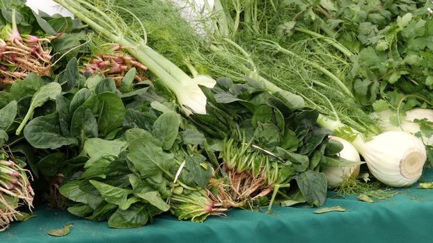 Organic vegetables on counter, fresh local produce homegrown raw veggies on marketplace stall. Healthy vegetarian food, Farmers market in Oceanside California USA. Agricultural farm harvest selling.