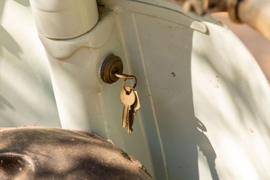 terni ,italy JULY 02 2021 :vespa 50 special ignition lock with keys