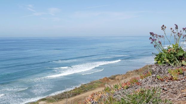 Seascape vista point, viewpoint in Del Mar near Torrey Pines, California coast USA. Frome above panoramic ocean tide, blue sea waves, steep eroded cliff. Coastline overlook, shoreline high angle view