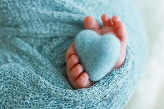 Two cute tiny baby feet wrapped in a blue-green aqua knitted blanket.And a knitted heart made of woolen threads. High quality photo