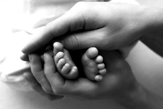 Feet of a newborn in the hands of a father, parent. Studio photography, black and white. Happy family concept. High quality photo