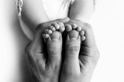 Feet of a newborn in the hands of a father, parent. Studio photography, black and white. Happy family concept. High quality photo