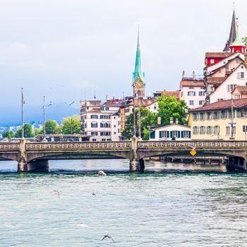 Zurich, Switzerland view of historic Old Town buildings near main railway train station Zurich HB, Hauptbahnhof, Swiss architecture and travel destination.