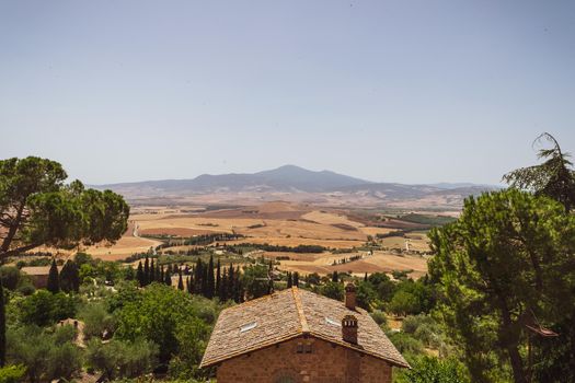 Incredible view of the Tuscan countryside during the summer season, from the famous town of Pienza.