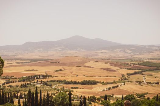 Incredible view of the Tuscan countryside during the summer season, from the famous town of Pienza.