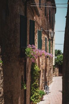 View of the characteristic alleys of the famous town of Pienza, Tuscany, Italy