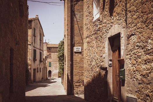 View of the characteristic alleys of the famous town of Pienza, Tuscany, Italy