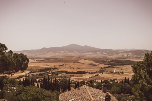 Incredible view of the Tuscan countryside during the summer season, from the famous town of Pienza.