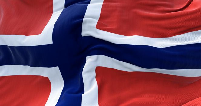 Detail of the national flag of Norway flying in the wind. Democracy and politics. Nordic european state