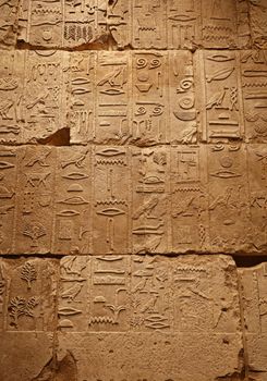 Close up background of antique stone wall with carved ancient Egyptian hieroglyphs, front view