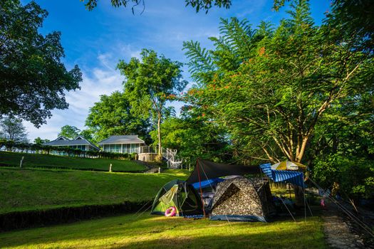 Camping and tent at resort with blue sky