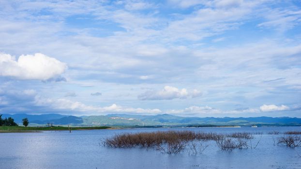 Lake mountains and cloudy sky in Khuean Srinagarindra National Park, Thailand