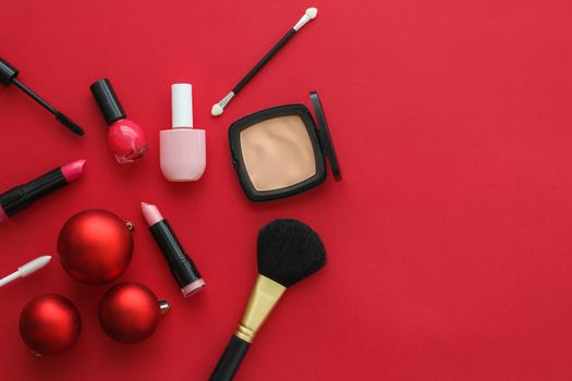 Cosmetic branding, fashion blog cover and girly glamour concept - Make-up and cosmetics product set for beauty brand Christmas sale promotion, luxury red flatlay background as holiday design