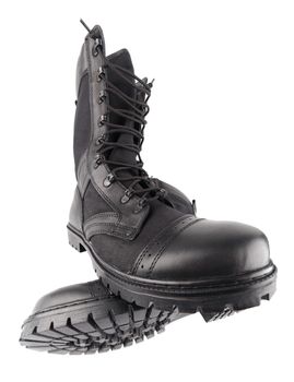 pair of new black summertime lightweight military boots with nylon parts isolated on white background. Ultra wide angle item view.