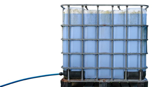 An Intermediate Bulk Container (Or Pallet Tank Or IBC Tank Or Bulky) For Liquids With Hose Attached On A White Background