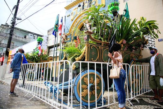salvador, bahia, brazil - july 2, 2021: population observe the Caboclo and Cabocla, symbols of the struggle for independence of Bahia, seen at Pavilhao 2 de Julho in the city of Salvador.