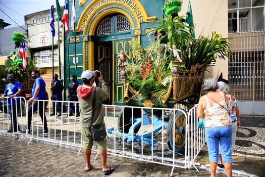 salvador, bahia, brazil - july 2, 2021: population observe the Caboclo and Cabocla, symbols of the struggle for independence of Bahia, seen at Pavilhao 2 de Julho in the city of Salvador.