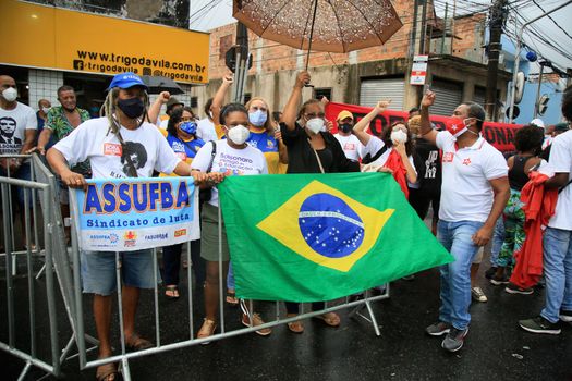 salvador, bahia, brazil - july 2, 2021: Protesters protest against President Jair Bolsonaro's government during Bahia Independence celebrations in the city of Salvador.
