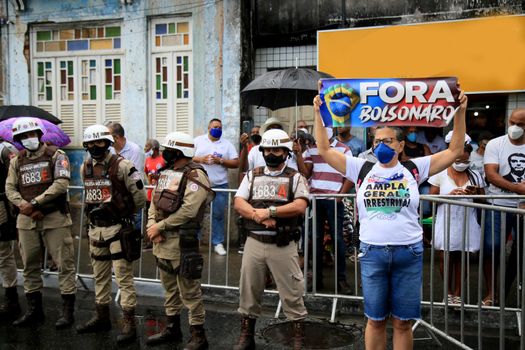 salvador, bahia, brazil - july 2, 2021: Protesters protest against President Jair Bolsonaro's government during Bahia Independence celebrations in the city of Salvador.
