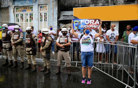 salvador, bahia, brazil - july 2, 2021: Protesters protest against President Jair Bolsonaro's government during Bahia Independence celebrations in the city of Salvador.
