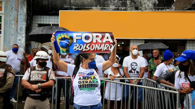salvador, bahia, brazil - july 2, 2021: Protesters protest against President Jair Bolsonaro's government during Bahia Independence celebrations in the city of Salvador.
