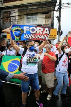 salvador, bahia, brazil - july 2, 2021: Protesters protest against President Jair Bolsonaro's government during Bahia Independence celebrations in the city of Salvador.
