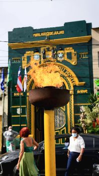 salvador, bahia, brazil - july 2, 2021: population observe the Caboclo and Cabocla, symbols of the struggle for independence of Bahia, seen at Pavilhao 2 de Julho in the city of Salvador.