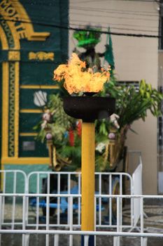 salvador, bahia, brazil - july 2, 2021: Symbolic fire pyre of the independence of Bahia lit during the celebrations at the 2 de Julho Pavilion in the Lapinha neighborhood in the city of Salvador.