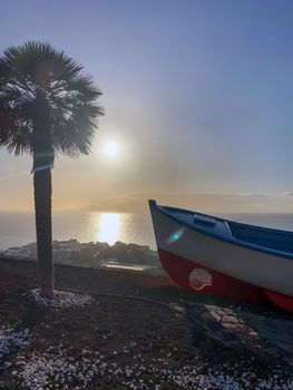 Boat and palm tree on sunset. Tenerife. Los Gigantes. High quality photo