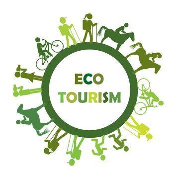 Eco turism concept with round frame and stylized tourists