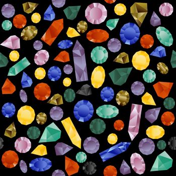 Colorful seamless pattern with gemstones on black background
