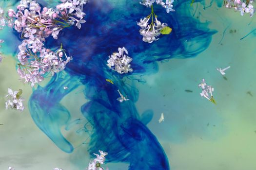 Lilac flowers floating on the blue water