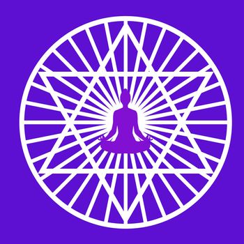 Silhouette of yogi in lotus position in a middle of a stylized pentagram symbol